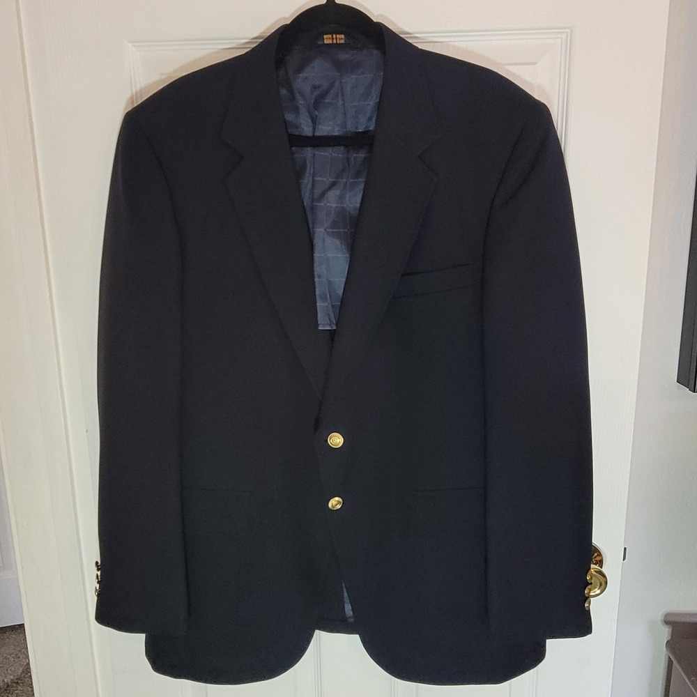 Perma-Prest Blazer Jacket Mens 46R Navy Gold Button Dacron Polyester Vintage - Picture 2 of 16